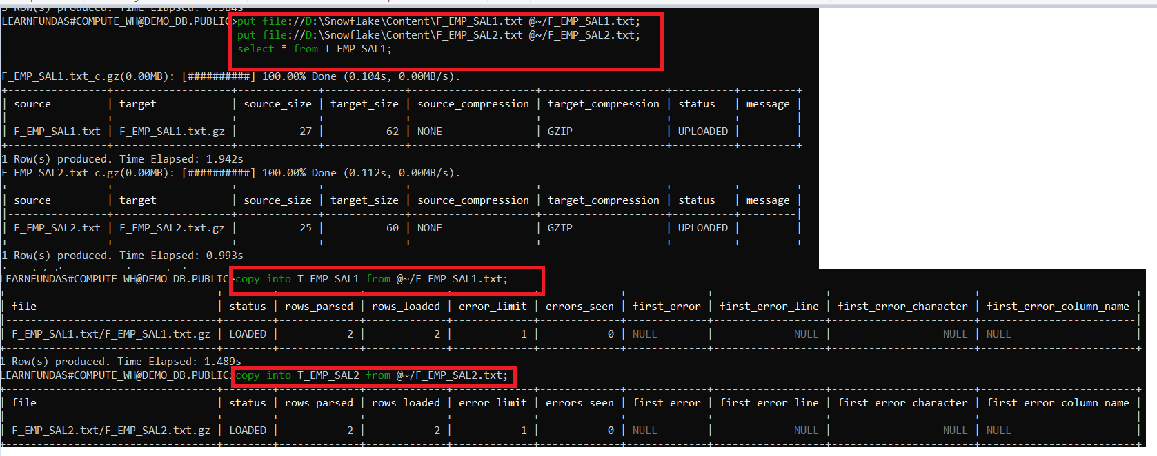 output of commands | Stages in Snowflake