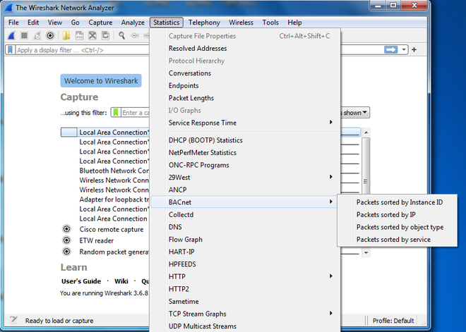 Wireshark statistics menu