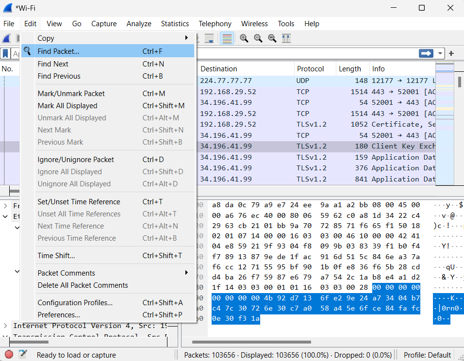 Wireshark Edit menu