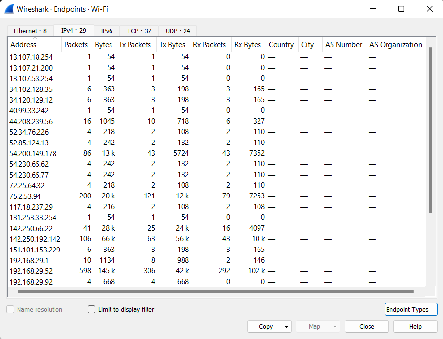 Wireshark Endpoints on WiFi