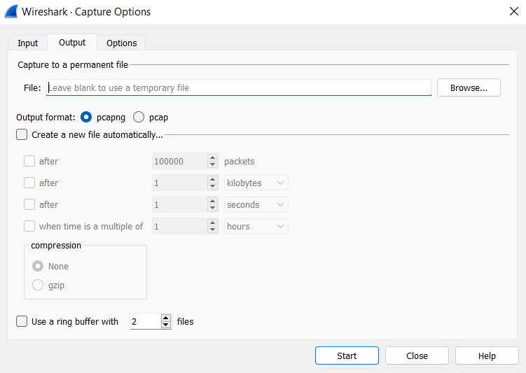 Capture options in Wireshark