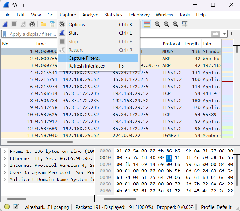 Capture Menu in Wireshark