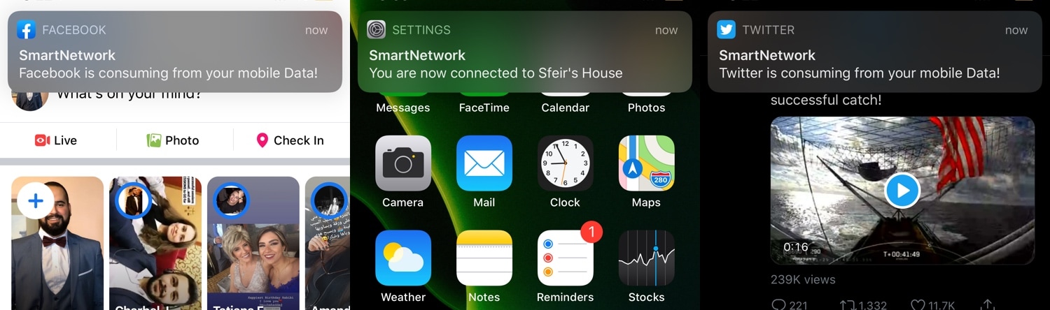 Notifications provided by the SmartNetwork jailbreak tweak.