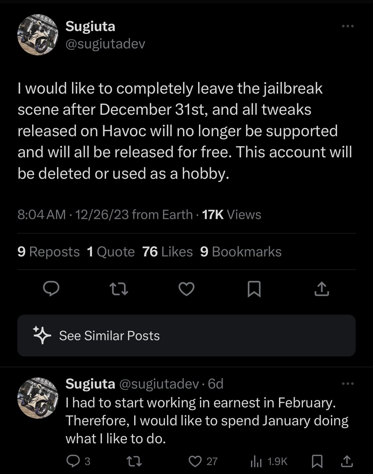 iOS developer @sugiuta leaves the jailbreak community.