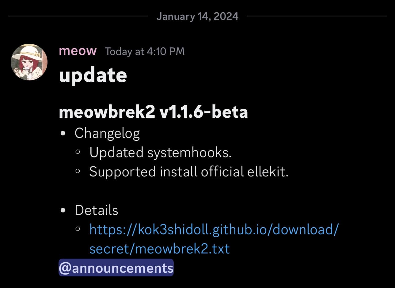 Meowbrek2 v1.1.6 beta has been announced.