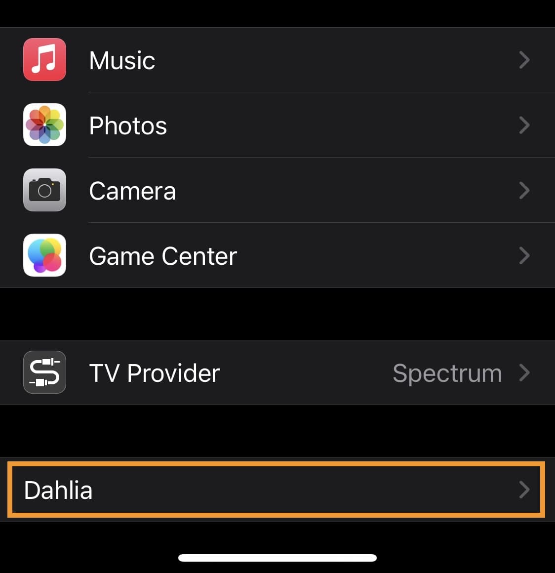 Dahlia cell in Settings app.