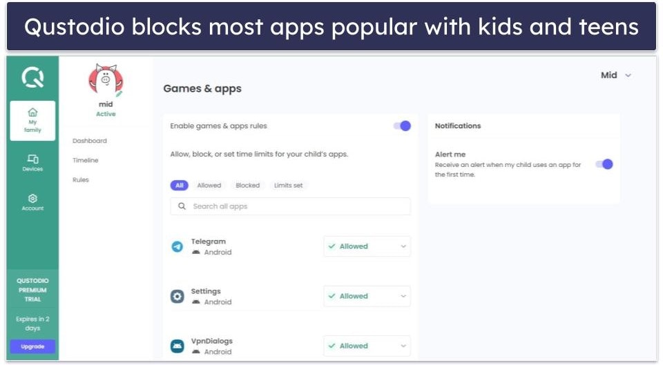 🥇1. Qustodio — Best Overall at Detecting and Blocking Dangerous Apps