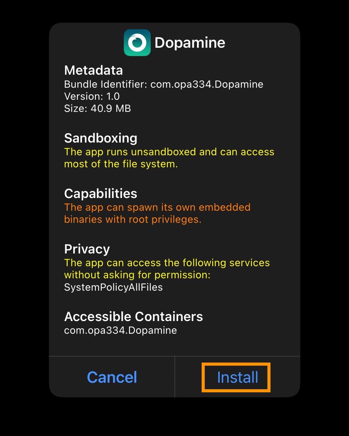 Dopamine Install button in TrollStore.