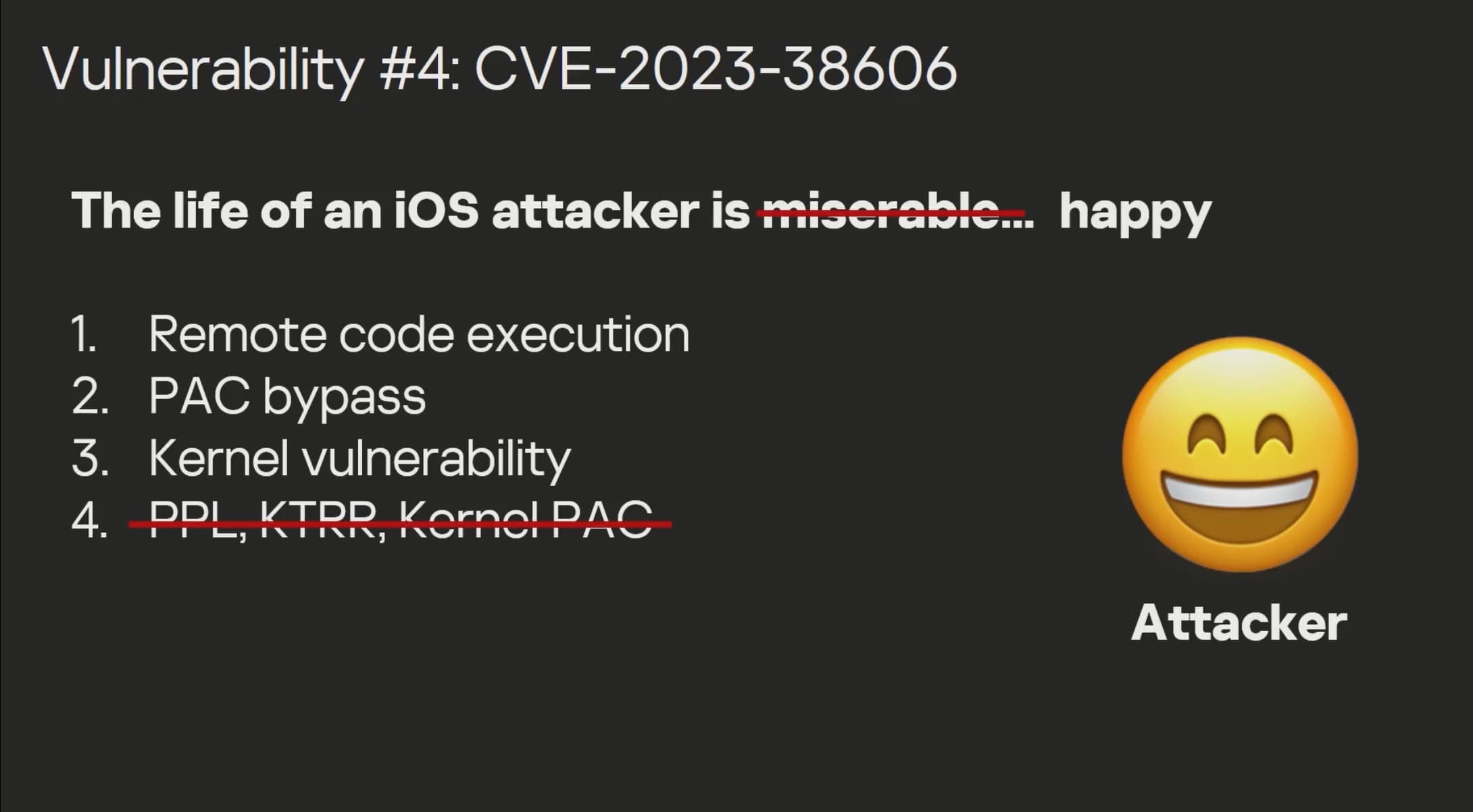 A slide from the Kaspersky team’s KTRR bypass talk at 37c3.