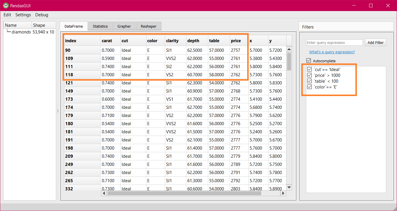 PandasGUI multiple filters