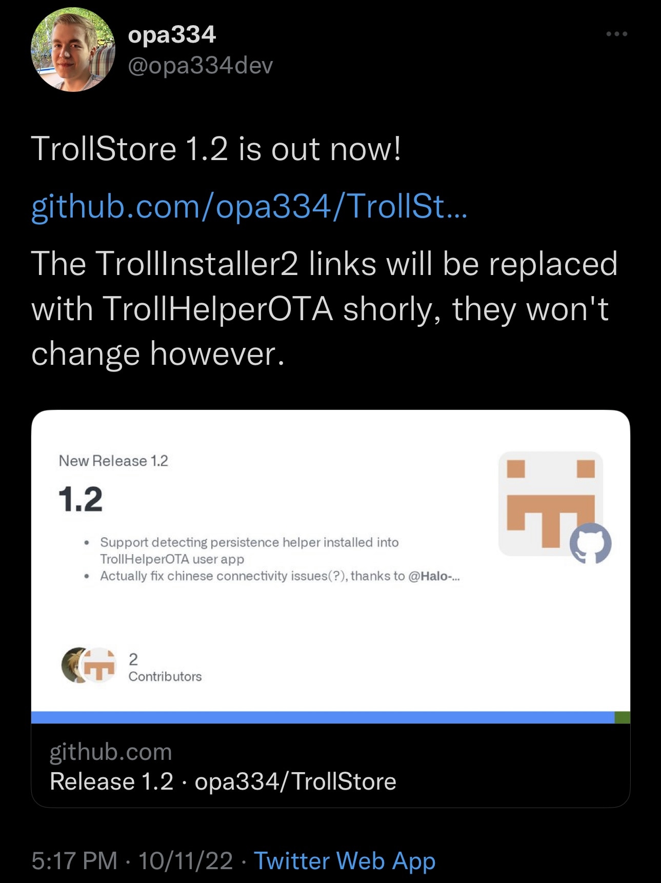 TrollStore version 1.2 released.