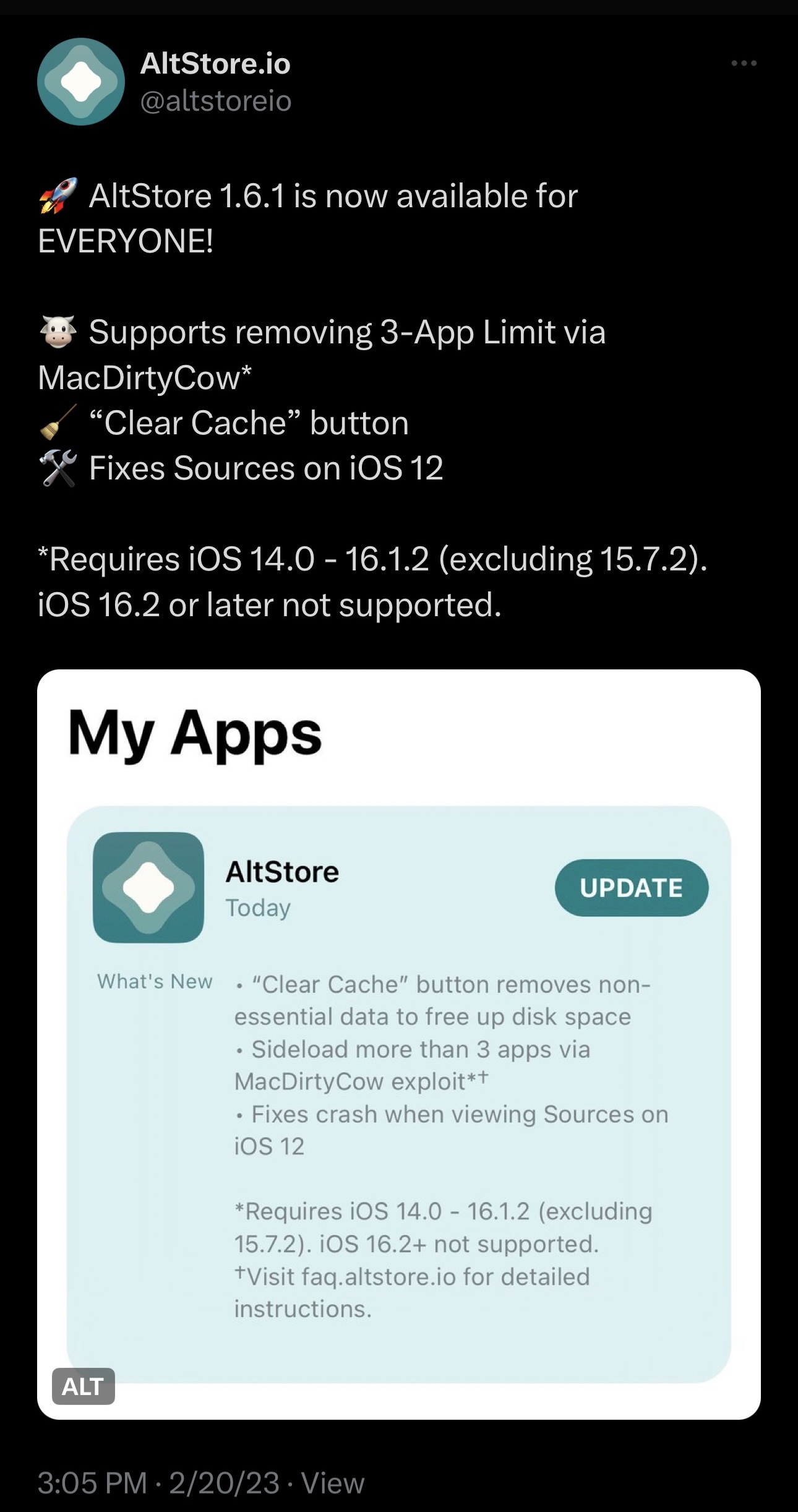 AltStore Tweet announcing v1.6.1.