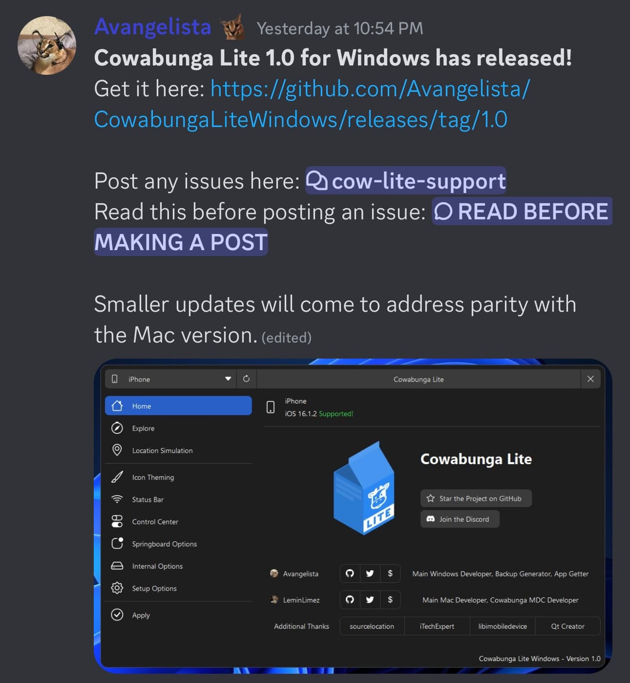 Cowabunga Lite for Windows announcement.