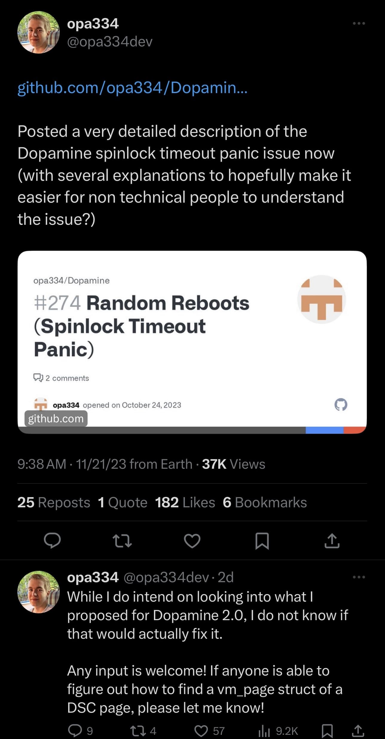 Lars Fröder Tweets to a GitHub page about Spinlock Timeout Panics on the Dopamine jailbreak.