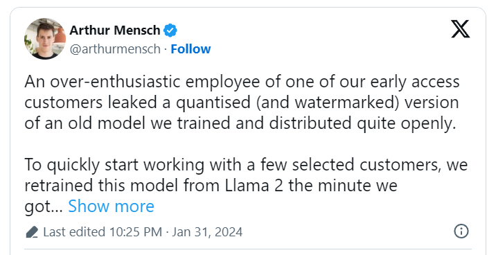 Mistral AI's CEO Arthur Mensch confirmed the leak of their AI model