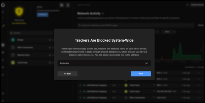 An image showing the "tracker" settings in portmaster. GFG