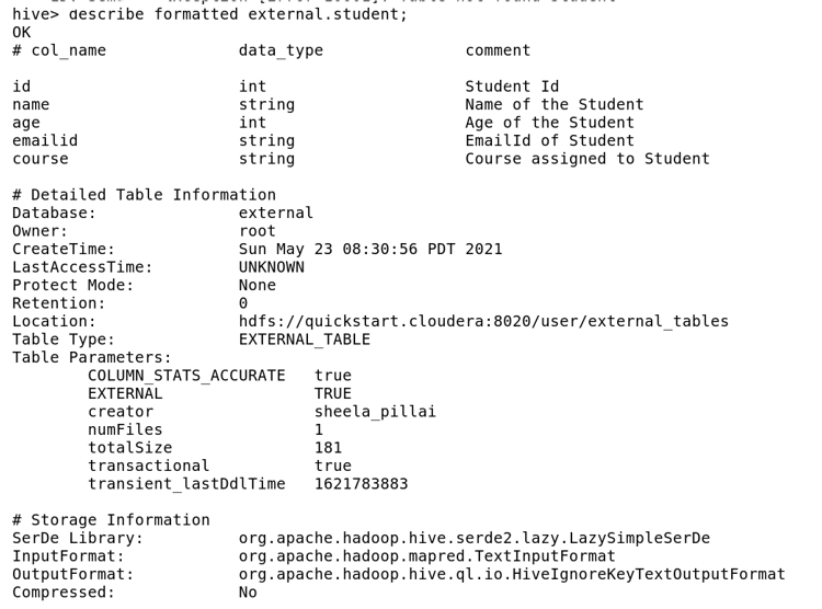 describe external table