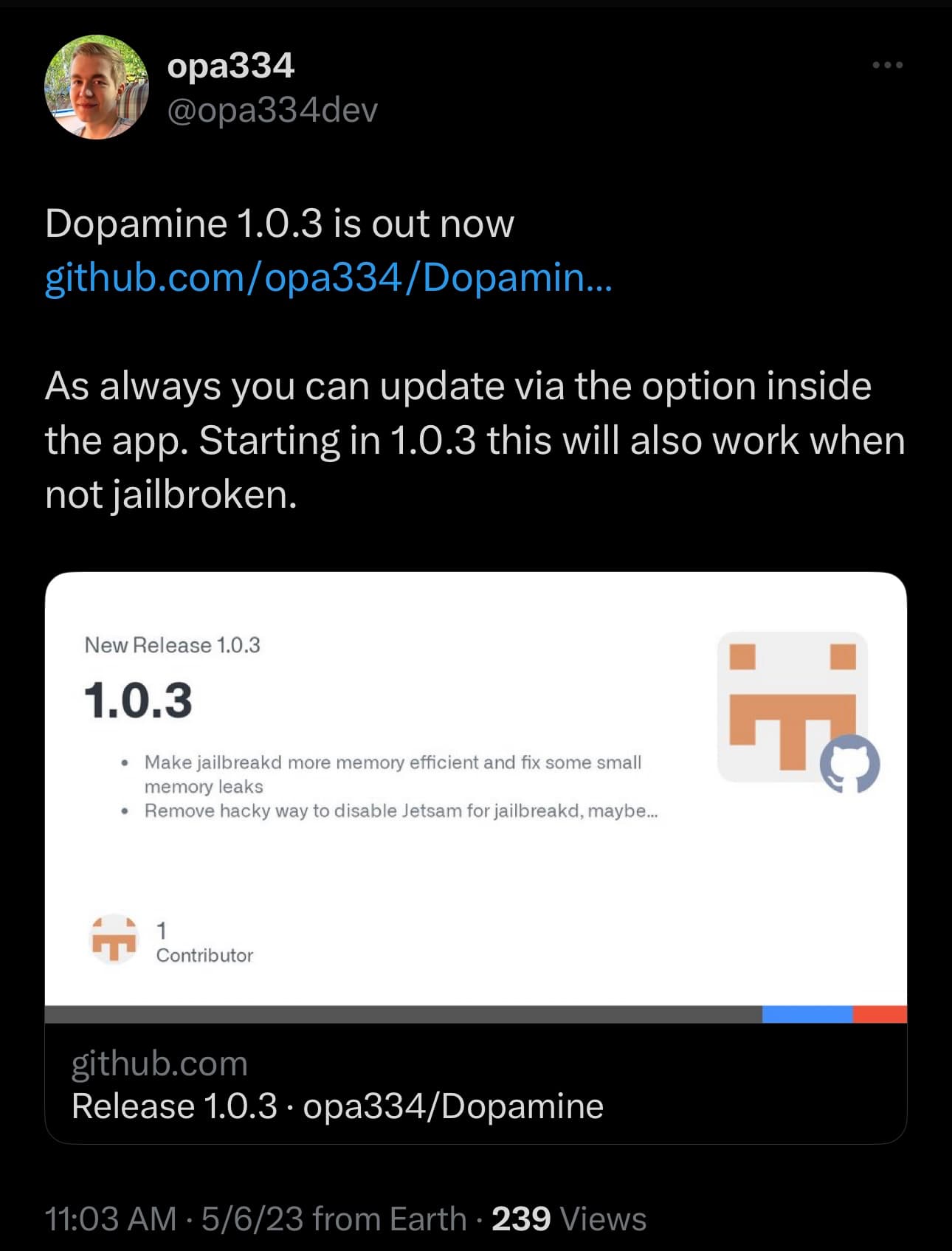 Lars Fröder releases Dopamine v1.0.3.