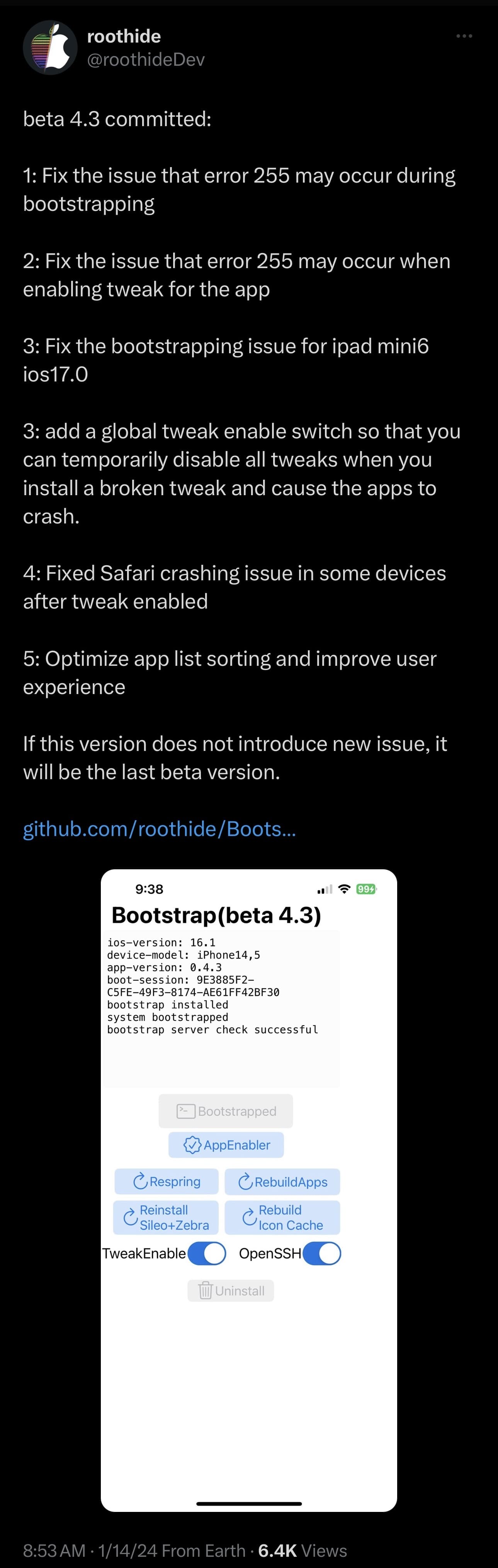 RootHide bootstrap v4.3 beta announced.