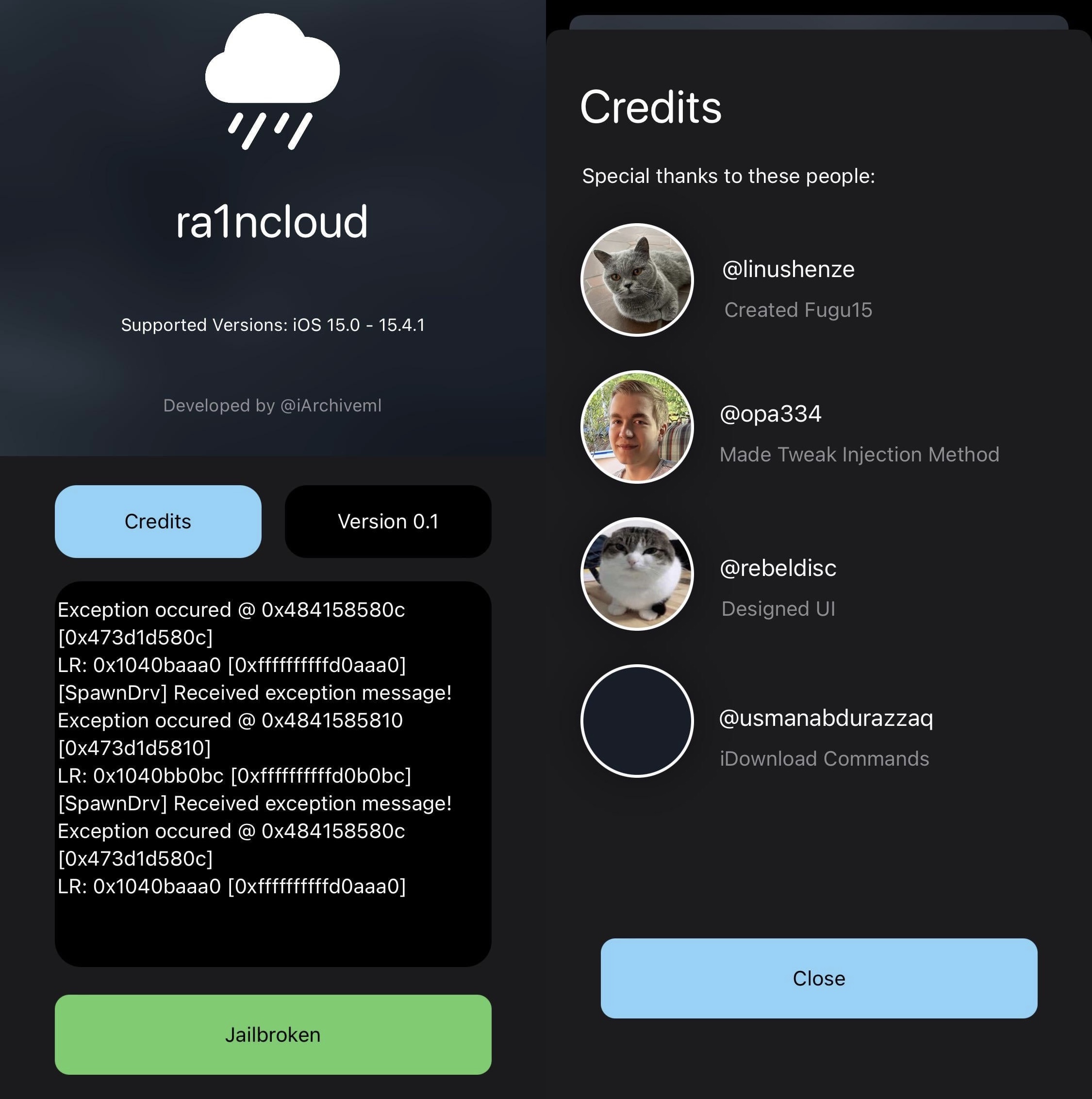 ra1ncloud Fugu15-based jailbreak UI for arm64e devices running iOS 15.0-15.4.1.