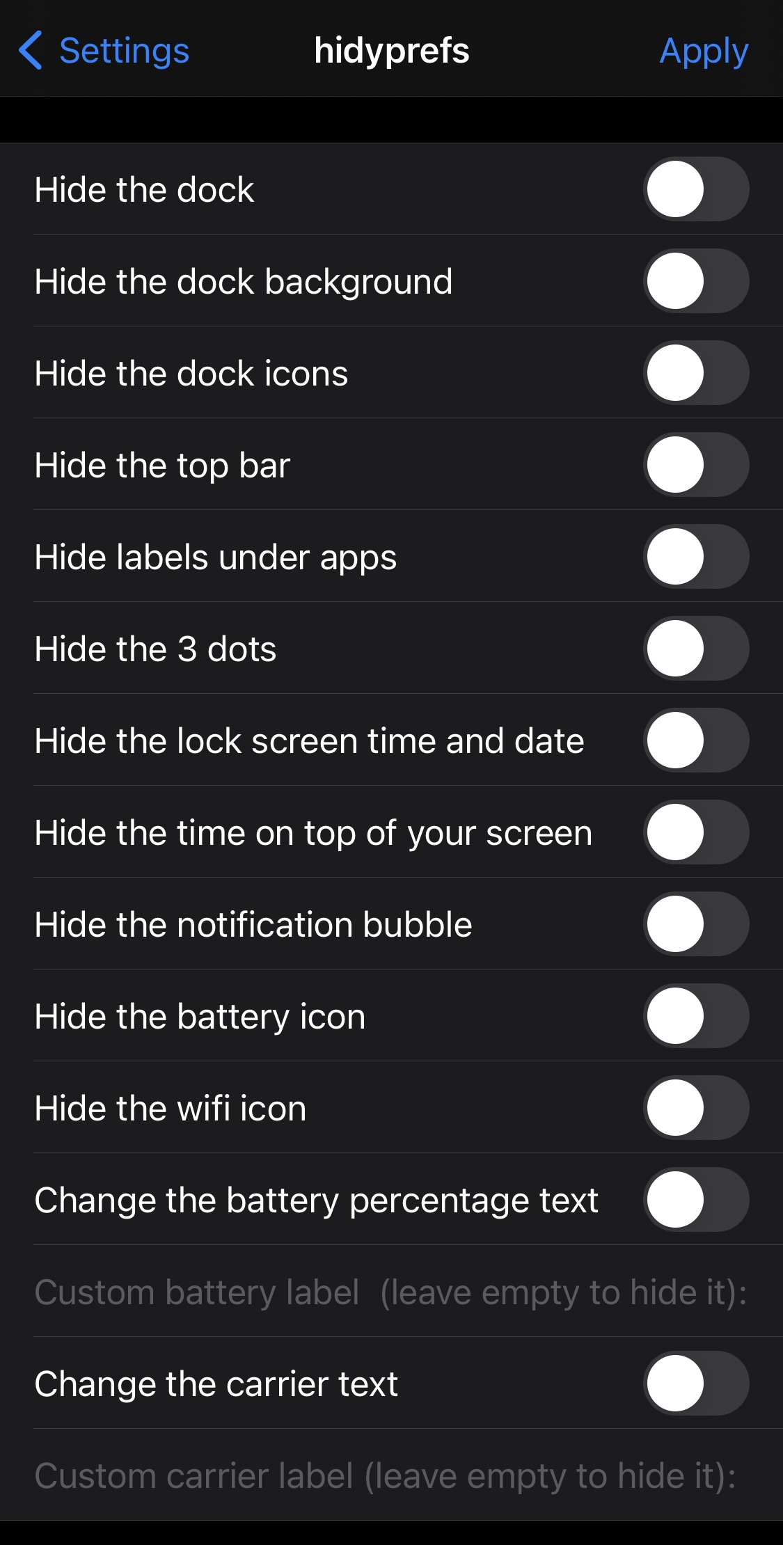 Options to configure for Hidy jailbreak tweak.