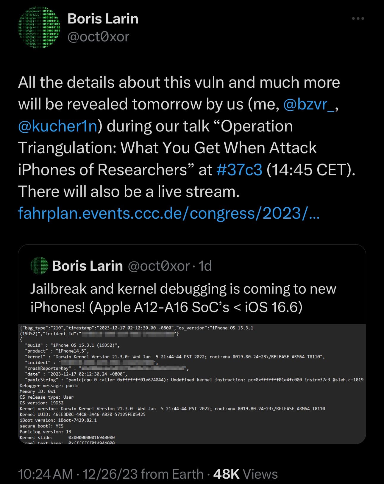 Boris Larin reveals plans to discuss upcoming iOS 16.6 jailbreak for arm64e devices.