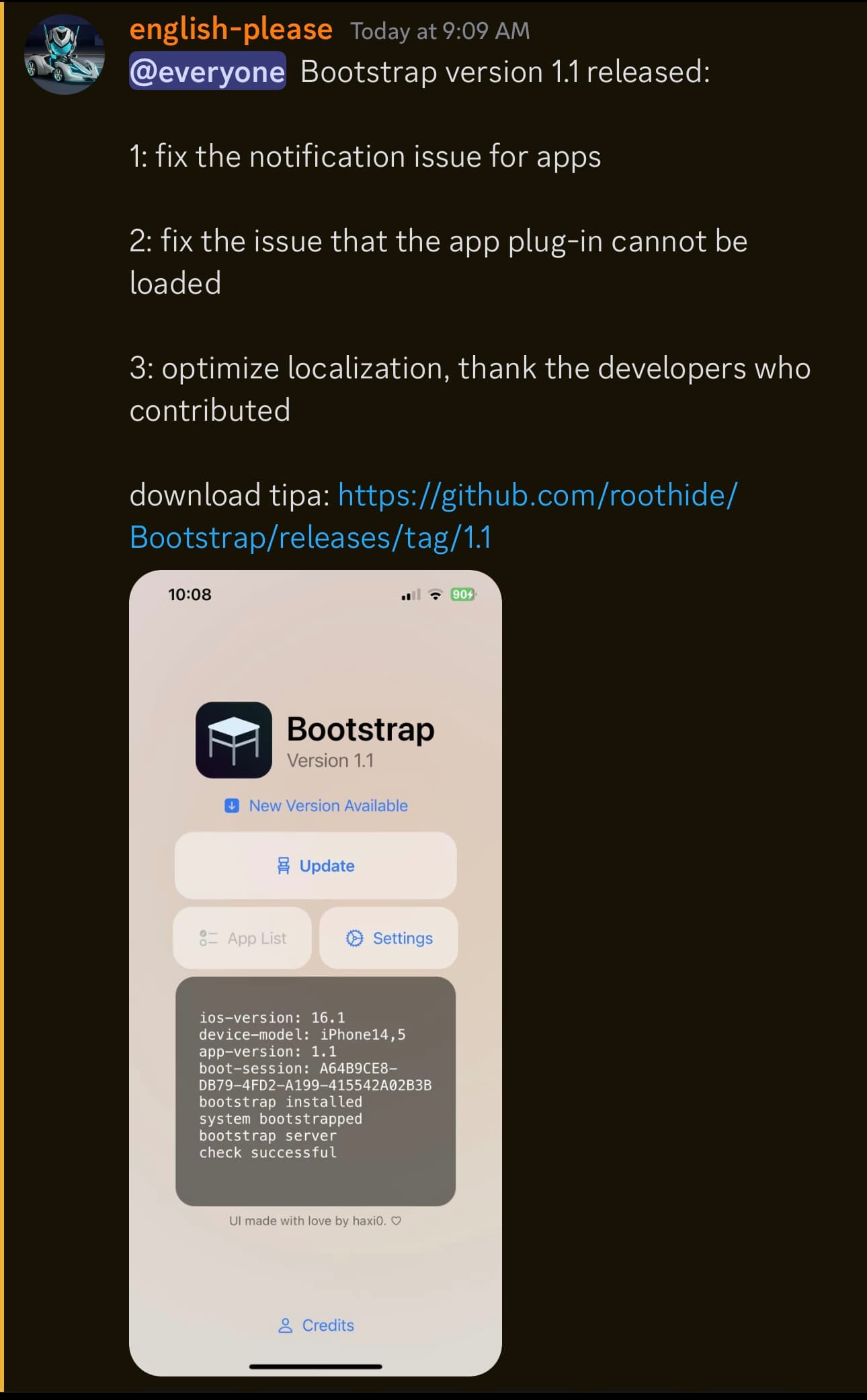 RootHide bootstrap has been updated to version 1.1.