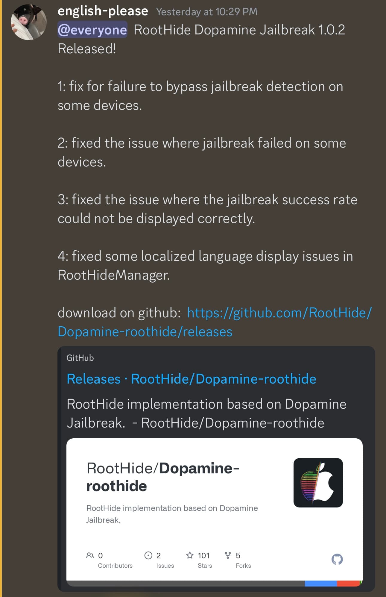 RootHide version 1.0.2 released.