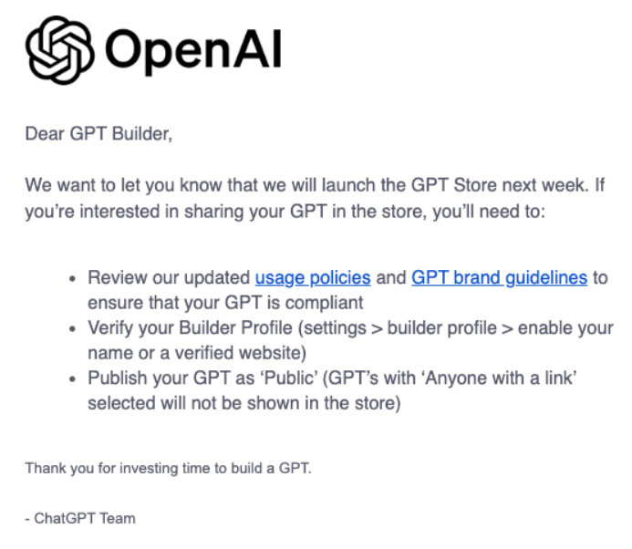 OpenAI sends email to GPT builders