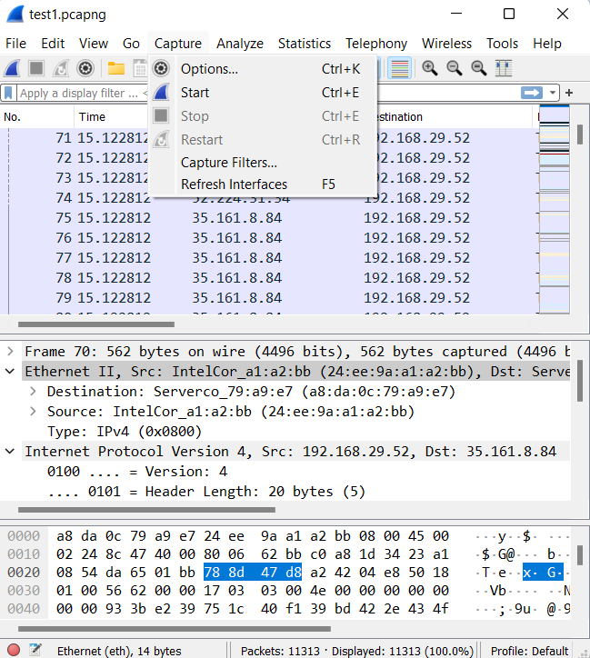 Capture Menu in Wireshark