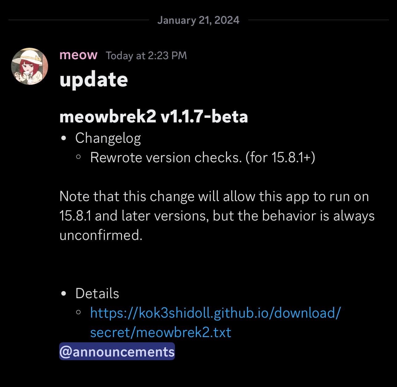 Meowbrek2 v1.1.7-beta released.