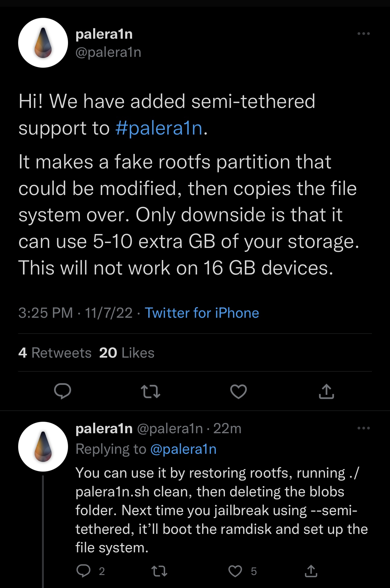 palera1n Twitter account announces semi-untethered support.