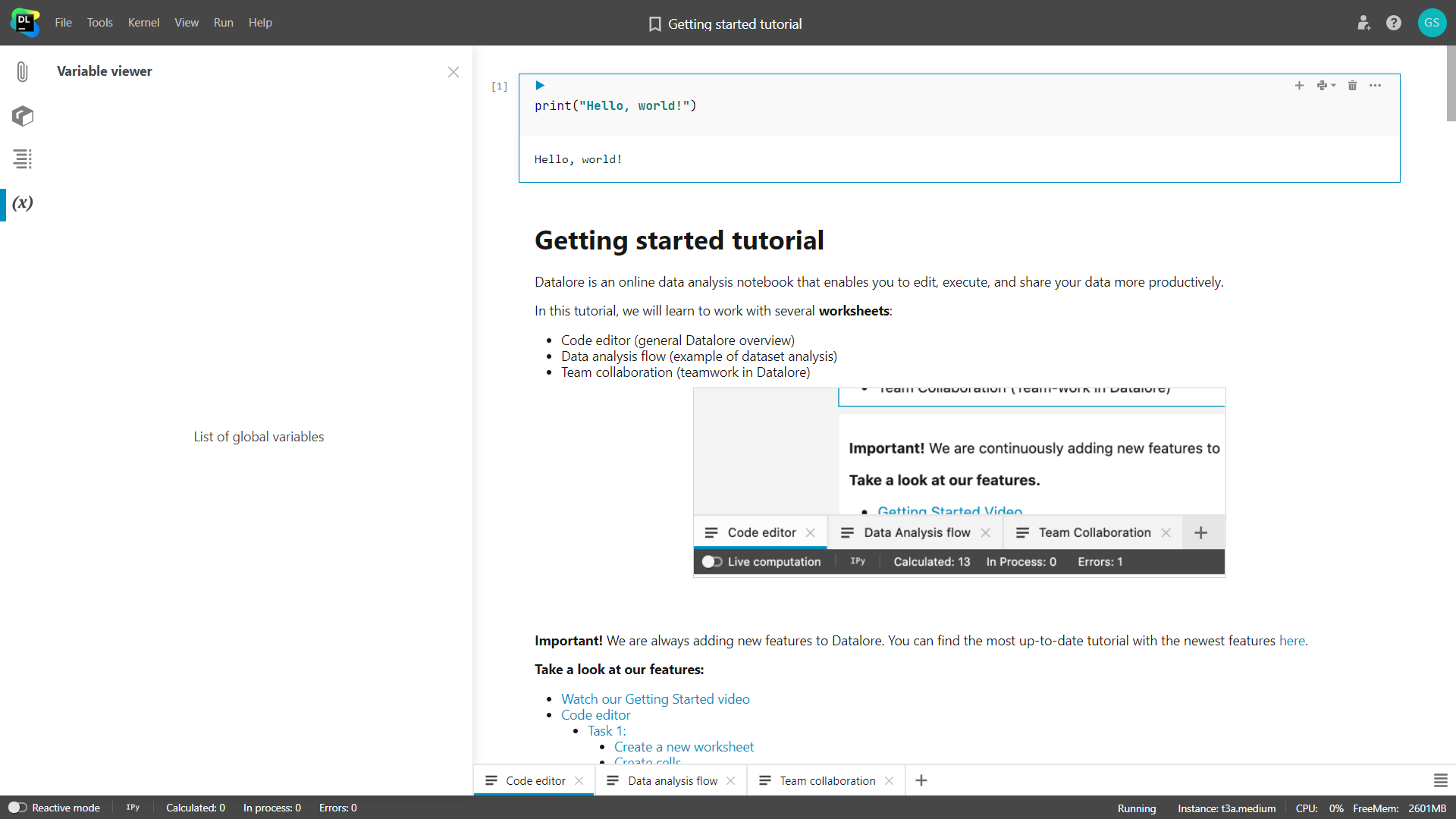 fourth Item on the Navbar is Variable viewer Datalore