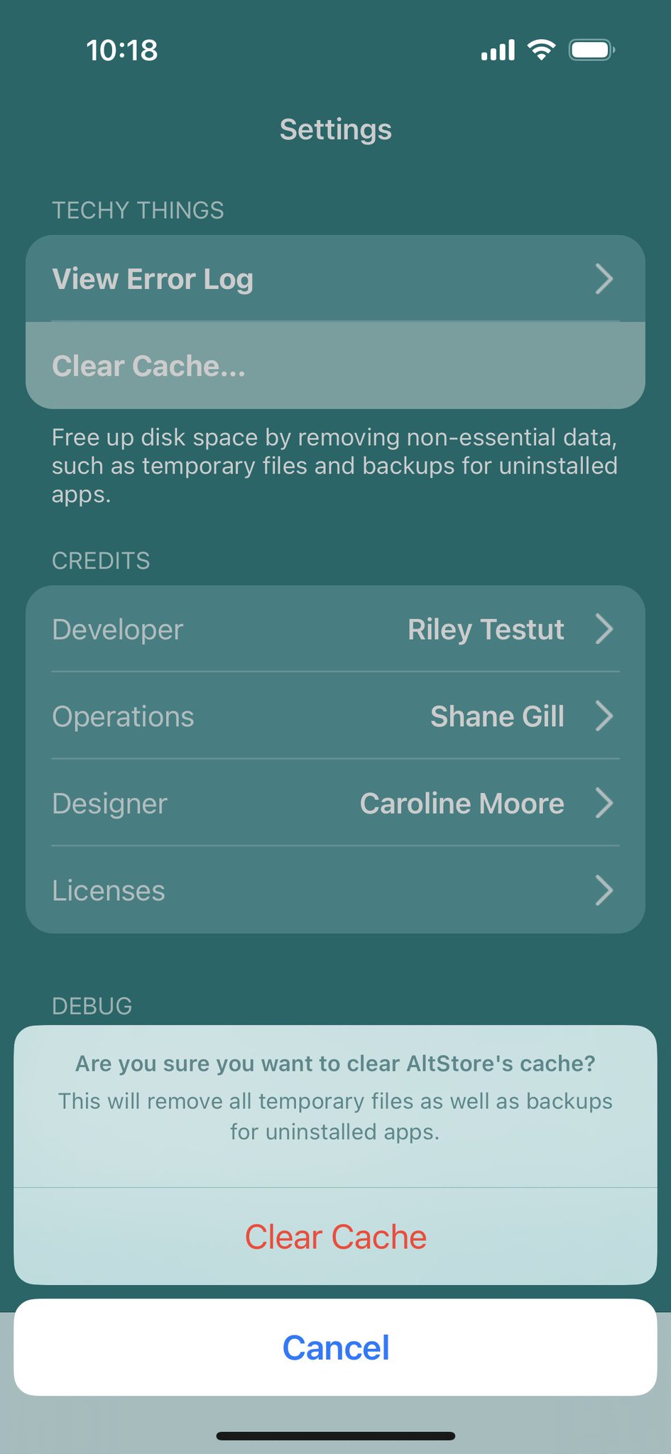AltStore’s new a clear cache button.