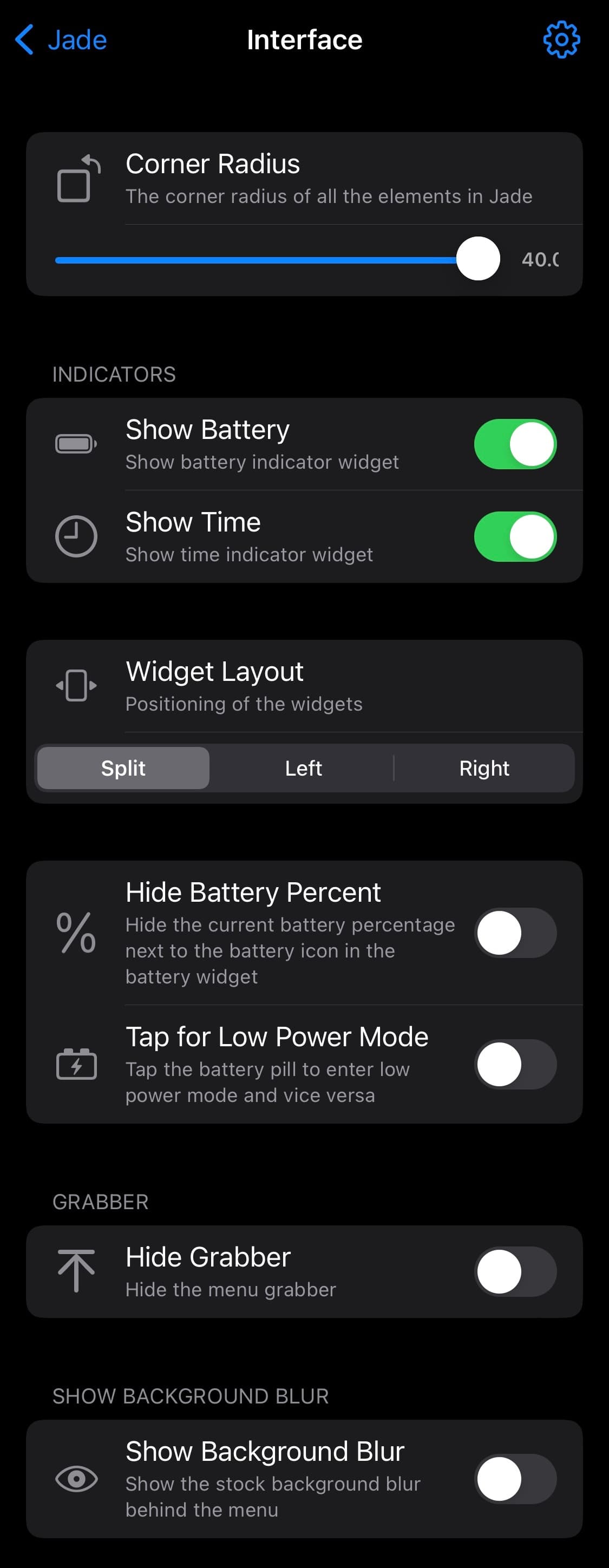 Jade interface settings.