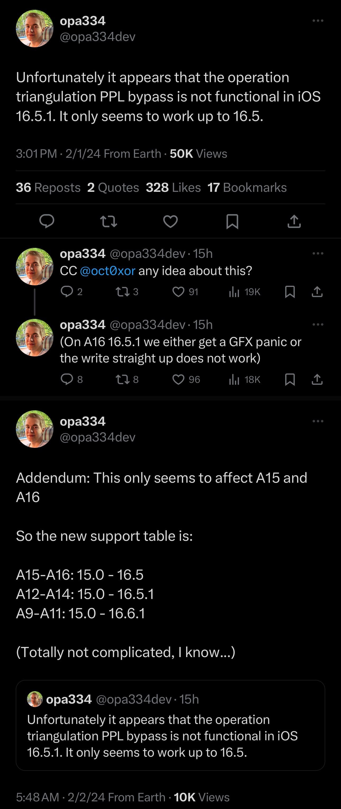 Opa334 says PPL bypass won’t support iOS 16.5.1 on A15 & A16 devices.
