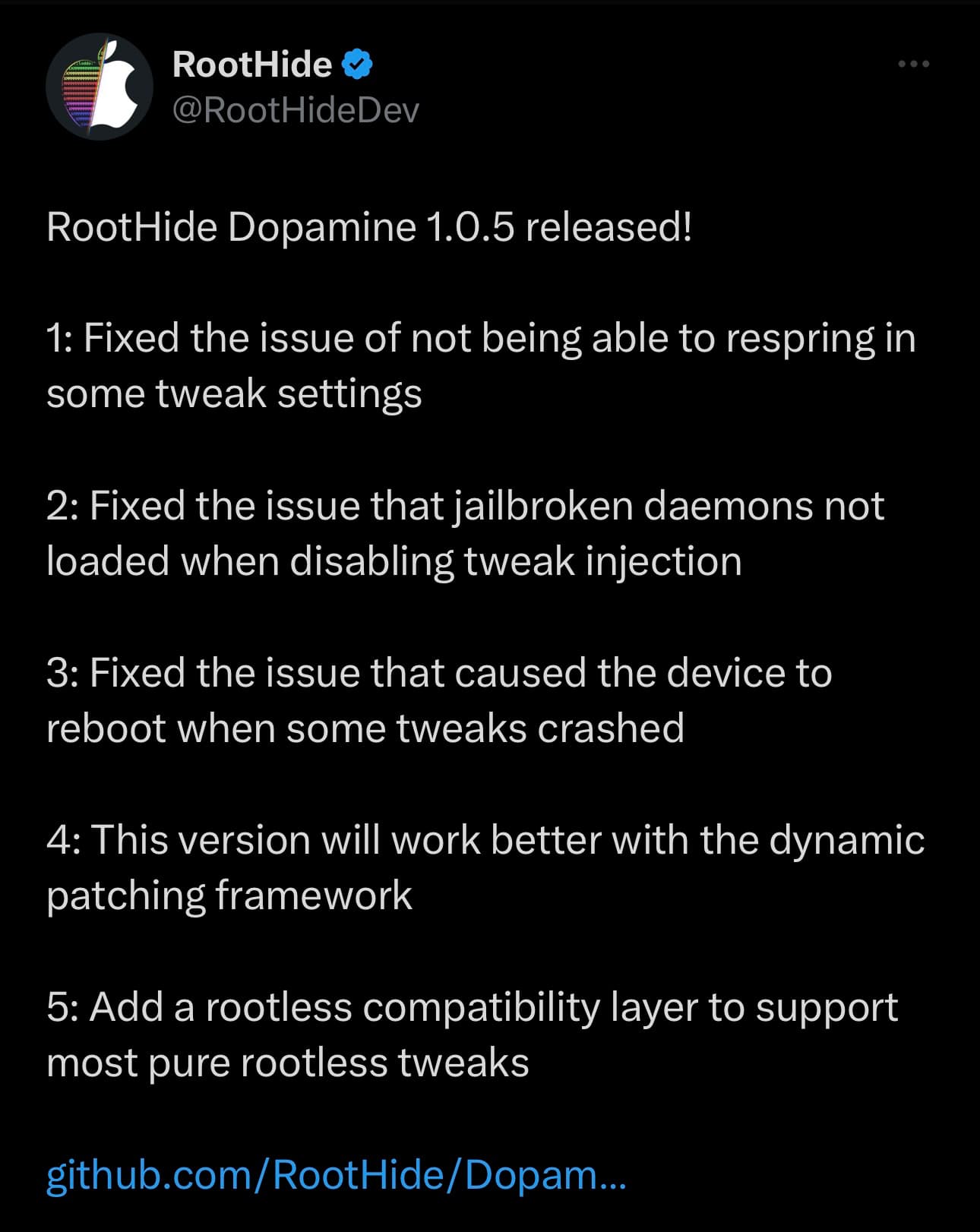 RootHide v1.0.5 update released for the Dopamine jailbreak.