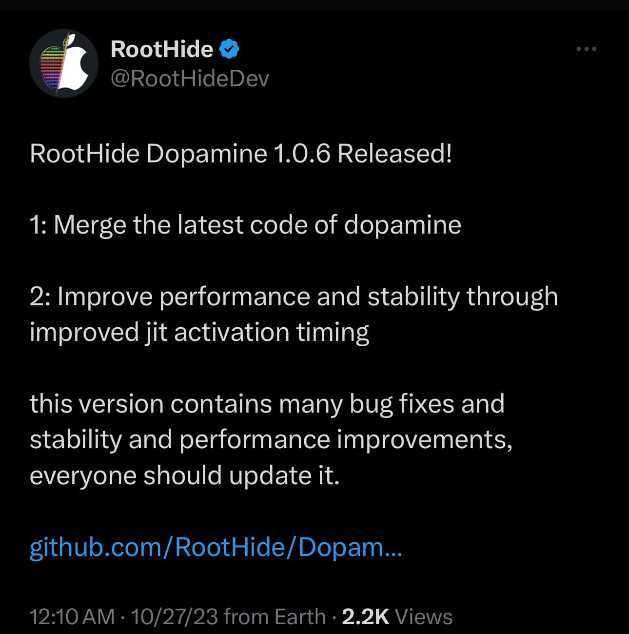 RootHide v1.0.6 update.