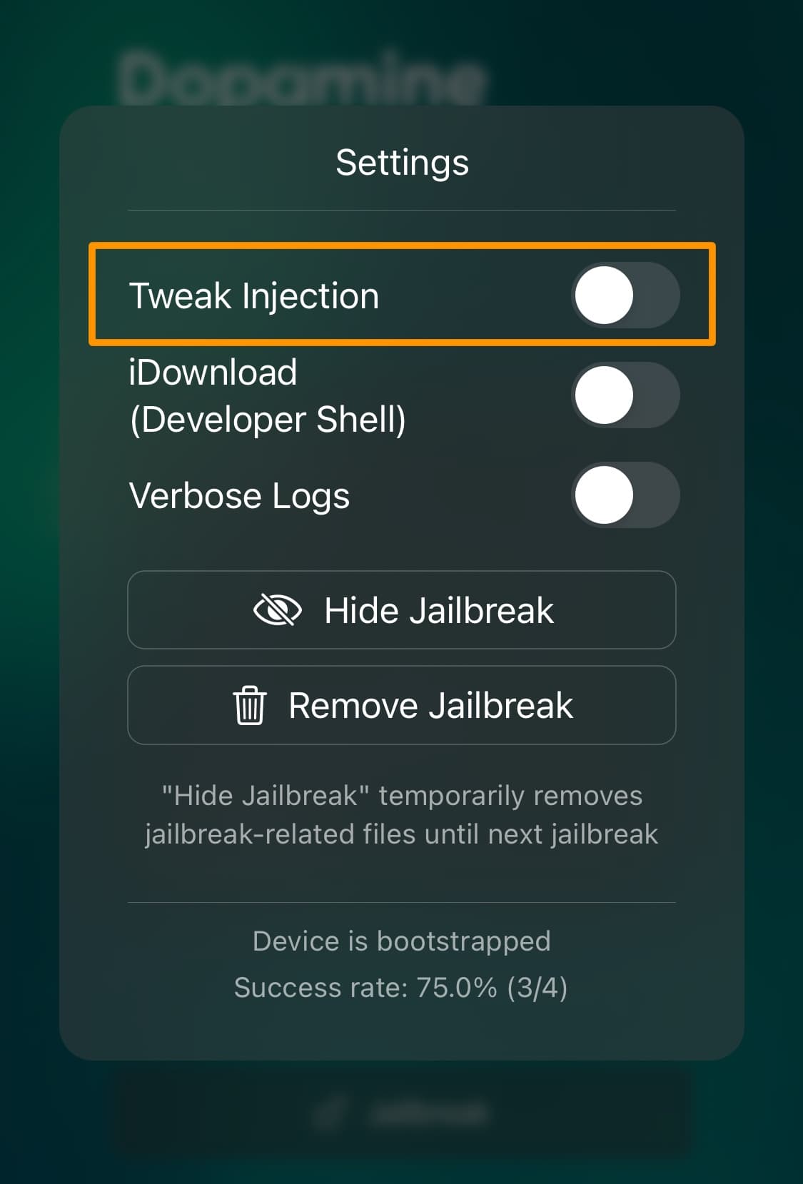 Turn off Tweak Injection in Dopamine jailbreak.