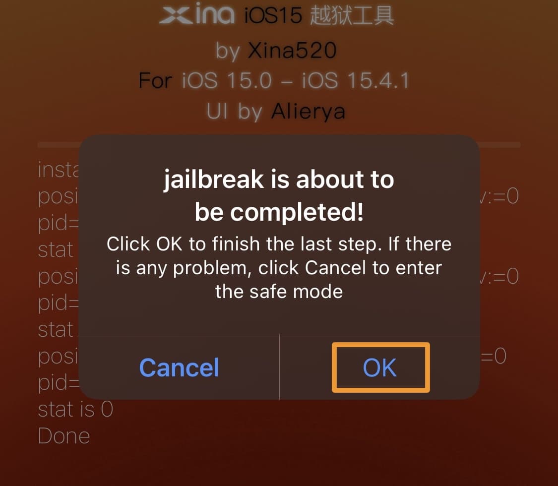 OK button after XinaA15 v2 jailbreak completes.