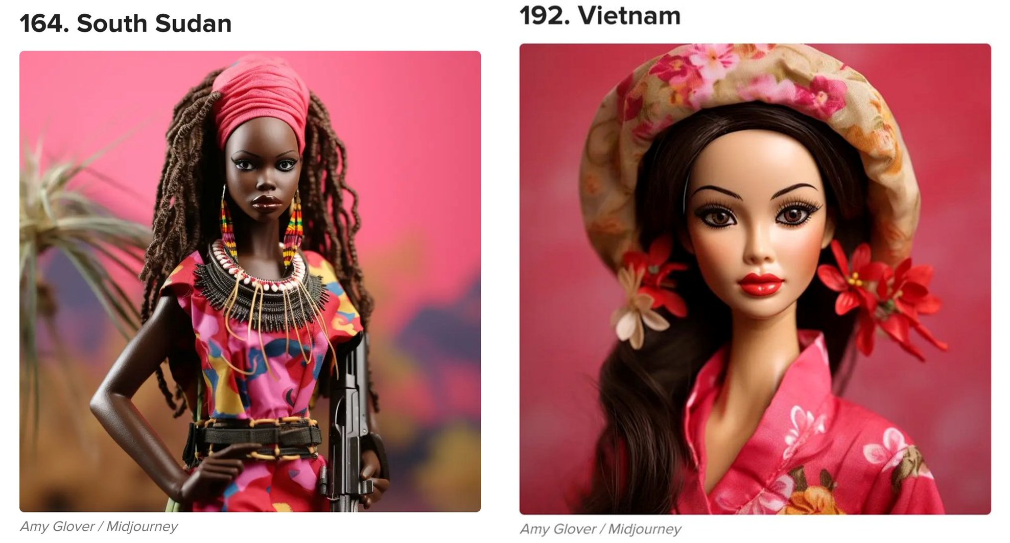 AI depicts regional Barbie dolls as politically, culturally, and racially stereotypical.