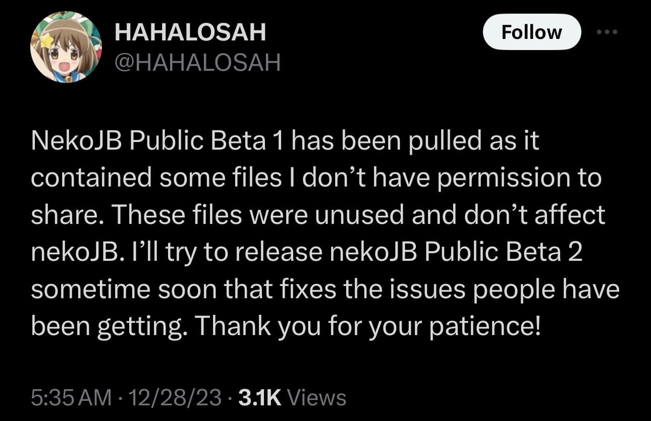 The first public beta of nekoJB has been temporarily pulled.