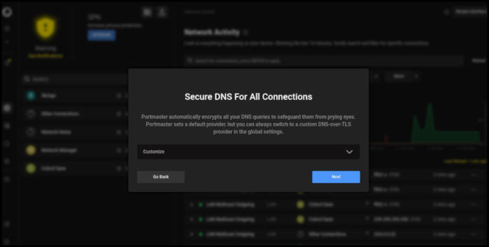 An image showing prompt by Portmaster asking to choose a DNS provider. GFG