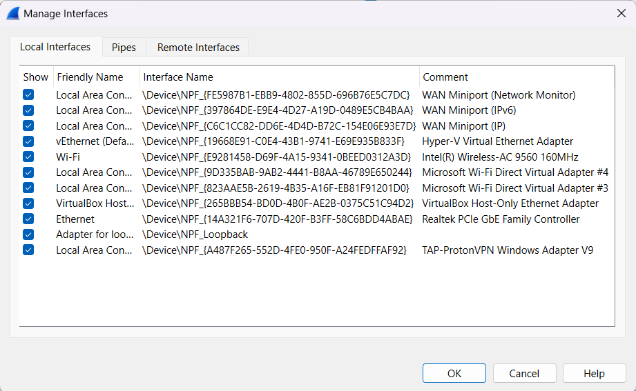 Manage Interfaces option in Wireshark