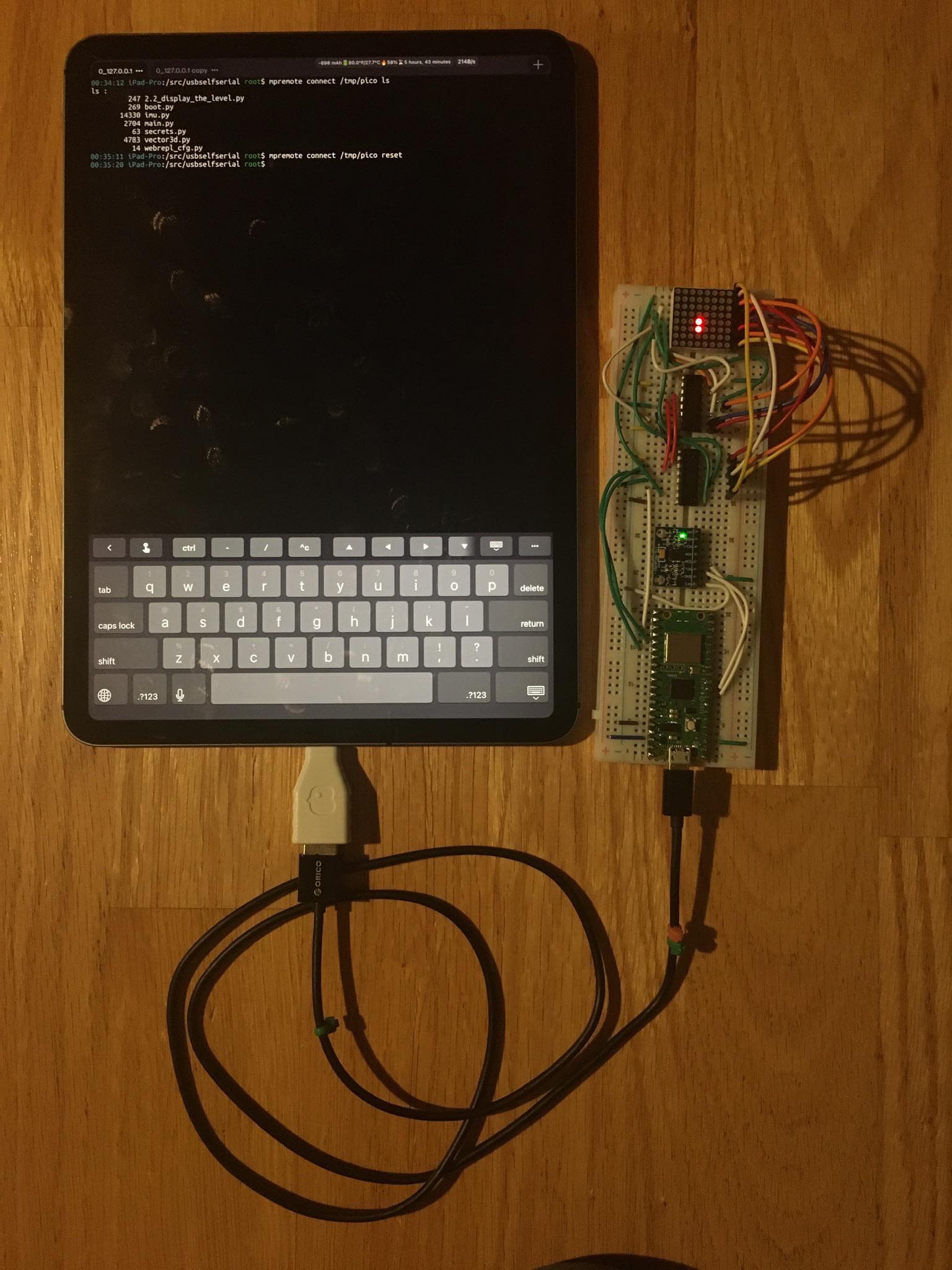 PicoTTY iPad Pro communicating with USB Serial device.