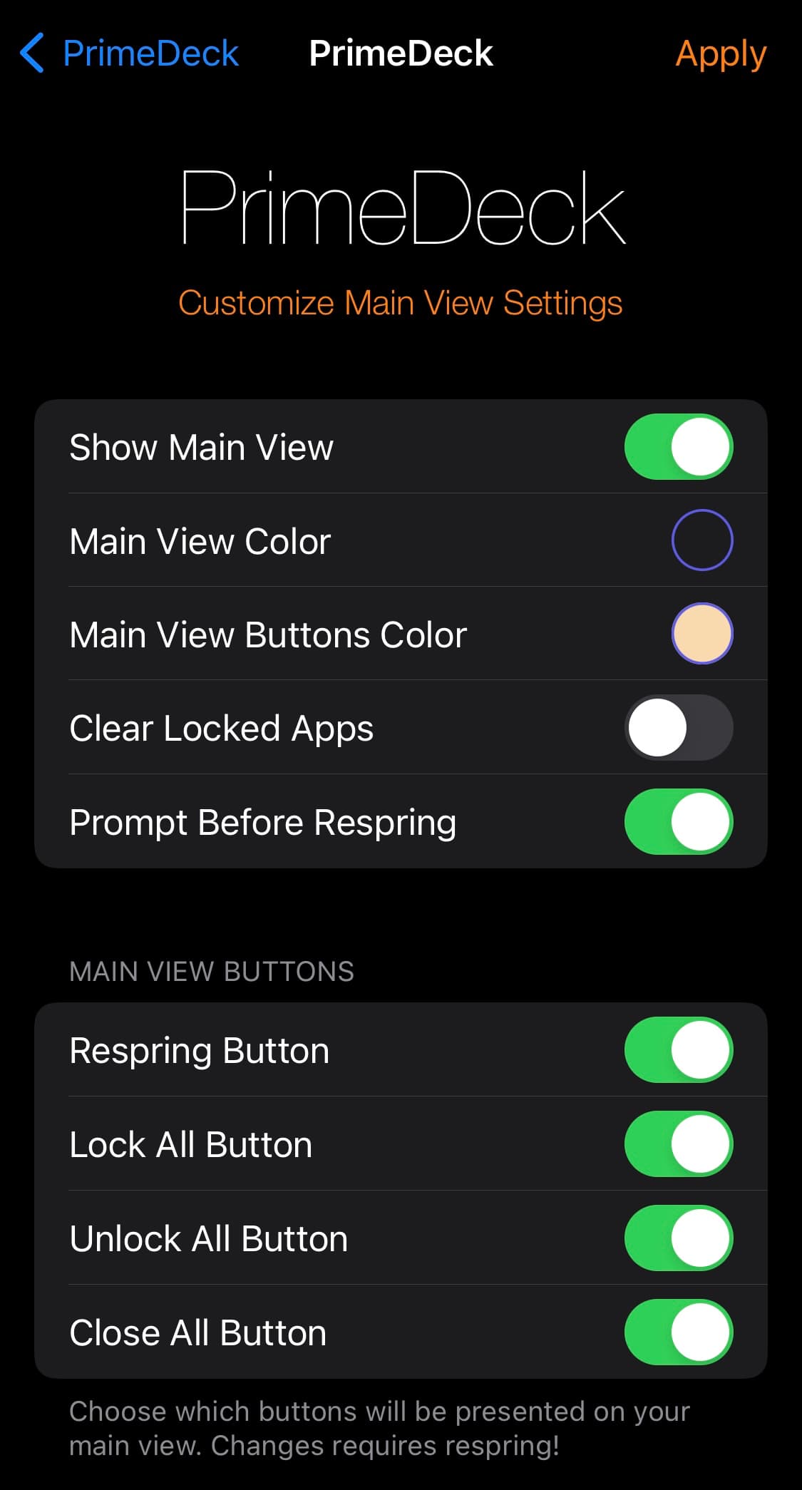 PrimeDeck main view options.