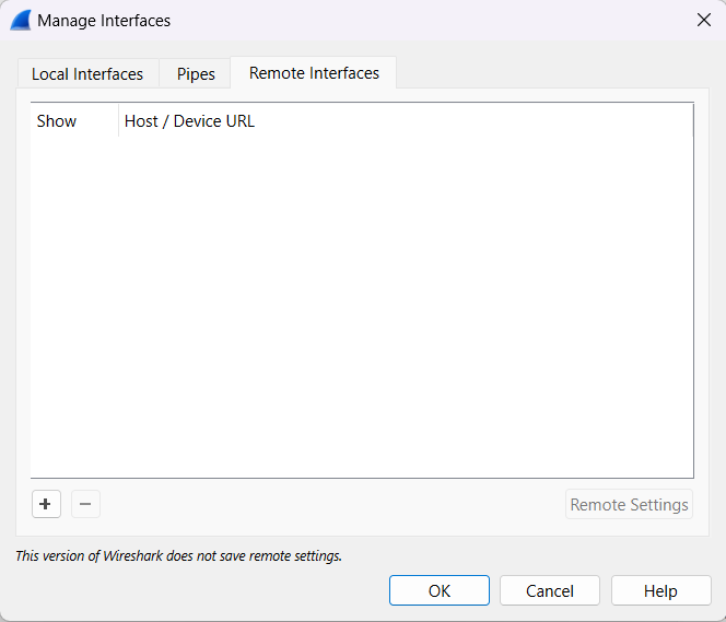 Manage Interfaces option in Wireshark