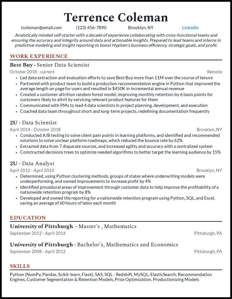 Experienced Data Scientist Resume