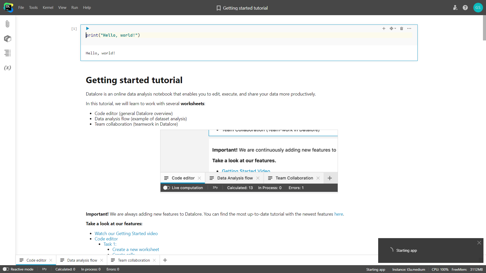 Datalore using the provided "Getting started tutorial"