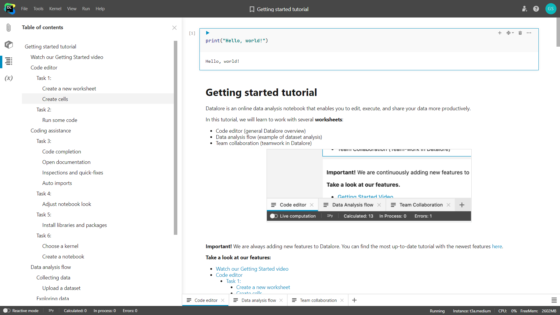 third Item on the Navbar is Table of Contents datalore